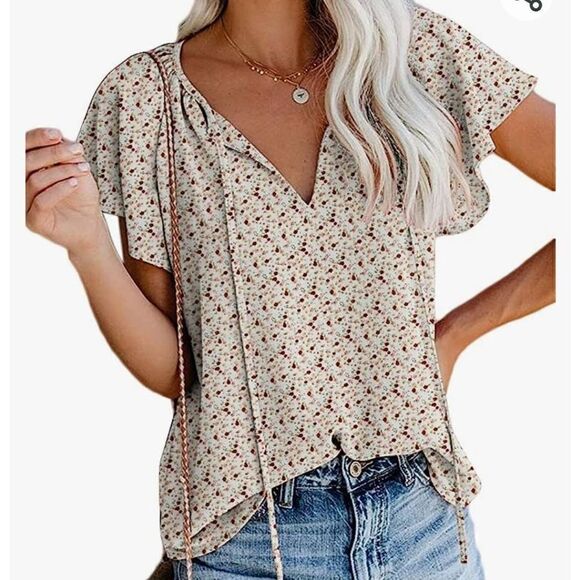 SimpleFun Women's Boho Tops Floral V Neck Short Sleeve  Blouse Shirts Size Mediu - Picture 5 of 7